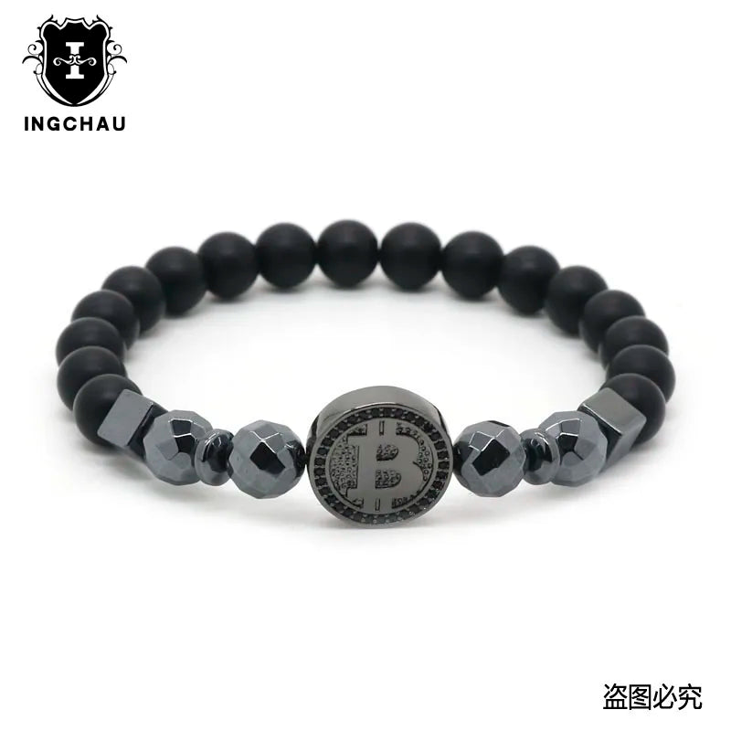 2019 Fashion Luxury Bitcoin Bracelet Men Black Hematite Stone Charm