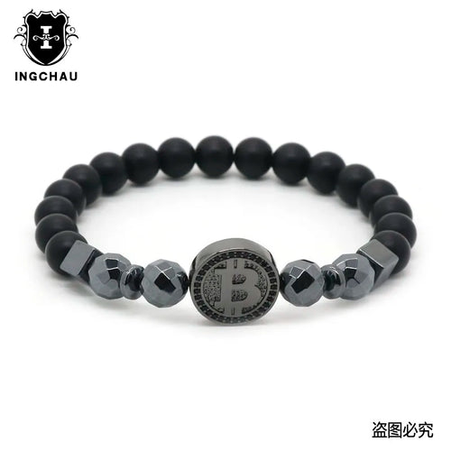 2019 Fashion Luxury Bitcoin Bracelet Men Black Hematite Stone Charm