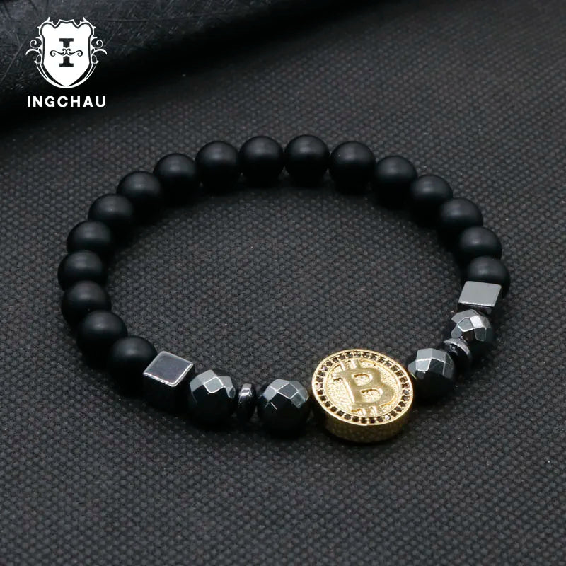 2019 Fashion Luxury Bitcoin Bracelet Men Black Hematite Stone Charm