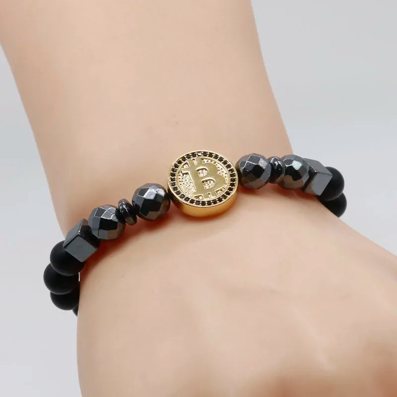 2019 Fashion Luxury Bitcoin Bracelet Men Black Hematite Stone Charm