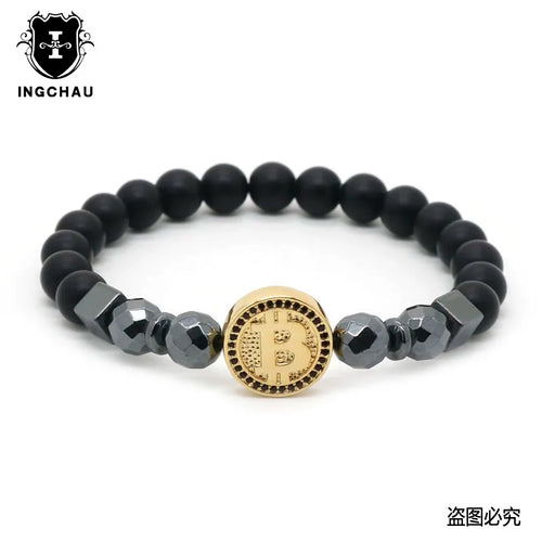 2019 Fashion Luxury Bitcoin Bracelet Men Black Hematite Stone Charm