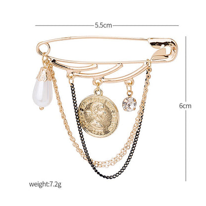 Big Coin and Pearl with Chain Tassels Brooch