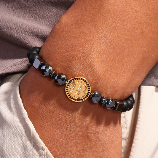 2019 Fashion Luxury Bitcoin Bracelet Men Black Hematite Stone Charm