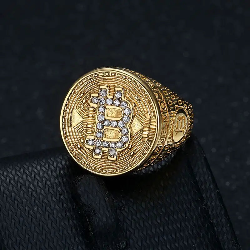 Stainless Steel Titanium Hip Hop Bling Iced Out Bitcoin Punk Rings for