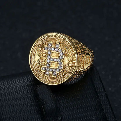 Stainless Steel Titanium Hip Hop Bling Iced Out Bitcoin Punk Rings for