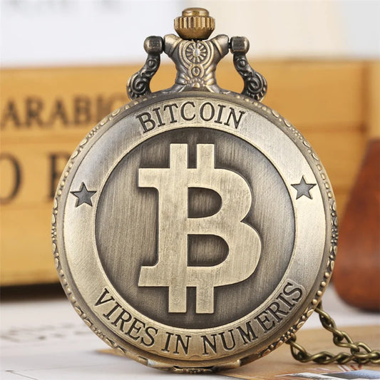 Antique Bronze Bitcoin Pattern Quartz Pocket Watch Exquisite Engraving