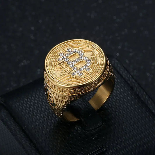 Stainless Steel Titanium Hip Hop Bling Iced Out Bitcoin Punk Rings for