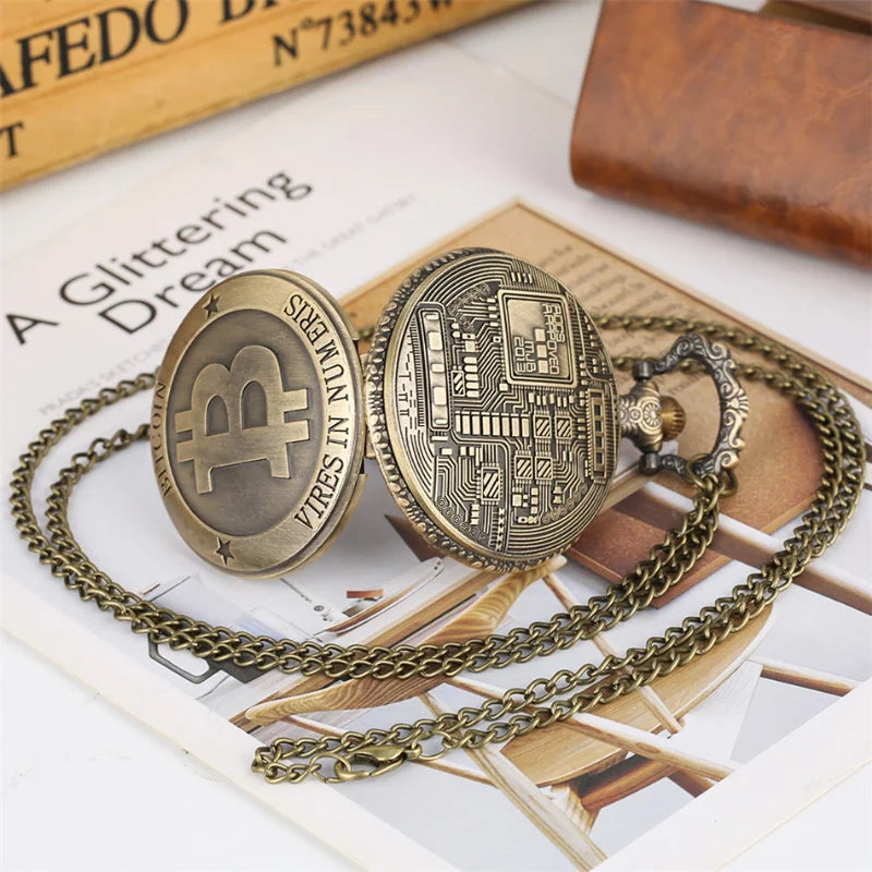 Antique Bronze Bitcoin Pattern Quartz Pocket Watch Exquisite Engraving