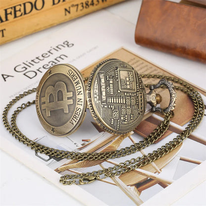 Antique Bronze Bitcoin Pattern Quartz Pocket Watch Exquisite Engraving