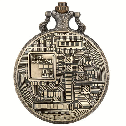 Antique Bronze Bitcoin Pattern Quartz Pocket Watch Exquisite Engraving