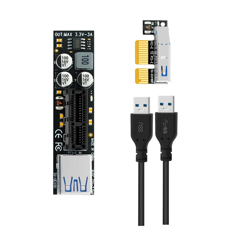 PCI-E Extender PCI E 1X to 1X Riser USB 3.0 Cable SATA Power Working