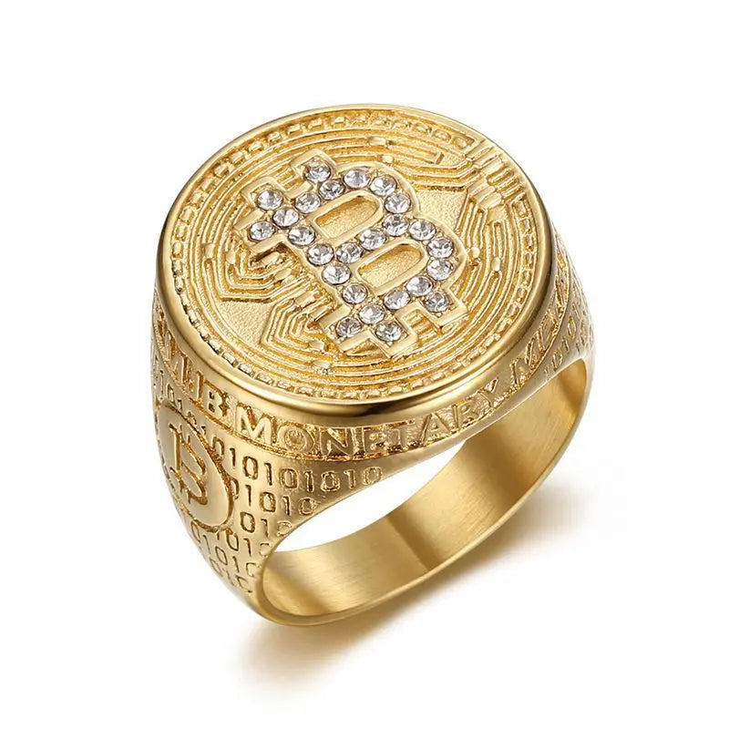 Stainless Steel Titanium Hip Hop Bling Iced Out Bitcoin Punk Rings for