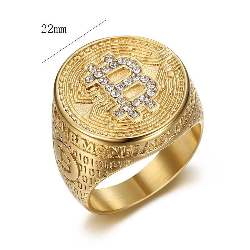 Stainless Steel Titanium Hip Hop Bling Iced Out Bitcoin Punk Rings for