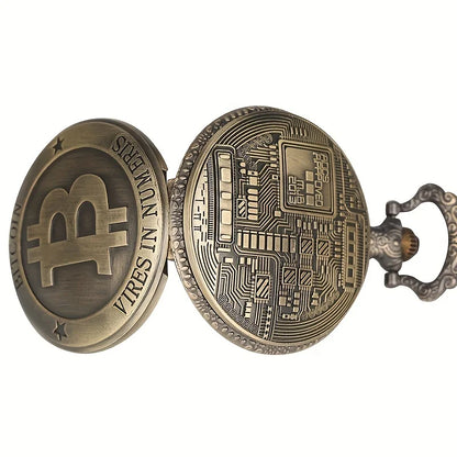 Antique Bronze Bitcoin Pattern Quartz Pocket Watch Exquisite Engraving