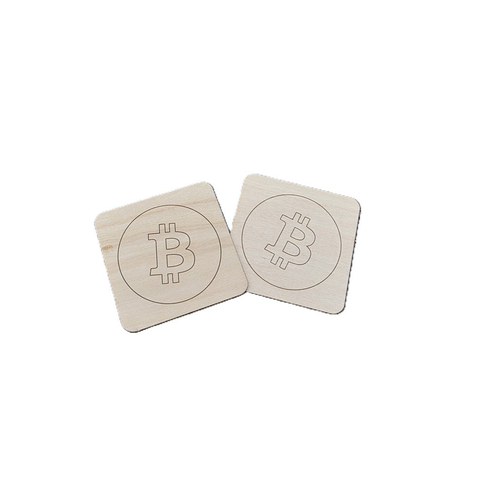 Bitcoin Coaster Set of 4 - Square Poplar Wood - Laser Engraved Gift