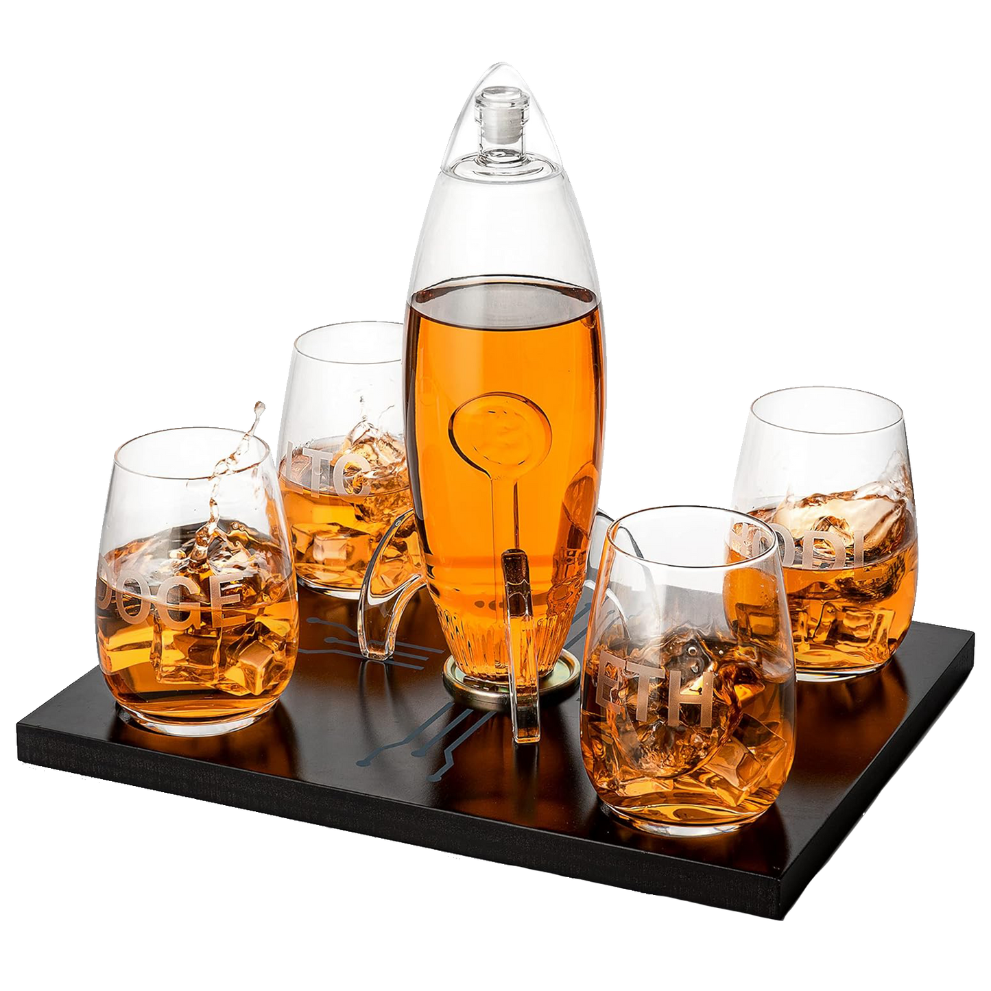 Cryptocurrency Decanter, Bitcoin Decanter To The Moon, Crypto Elon Musk Lovers Ethereum Whiskey & Wine Decanter Set 450ml Four 12 oz Glasses by The Wine Savant Rocket Decanter - Crypto Gifts, HODL